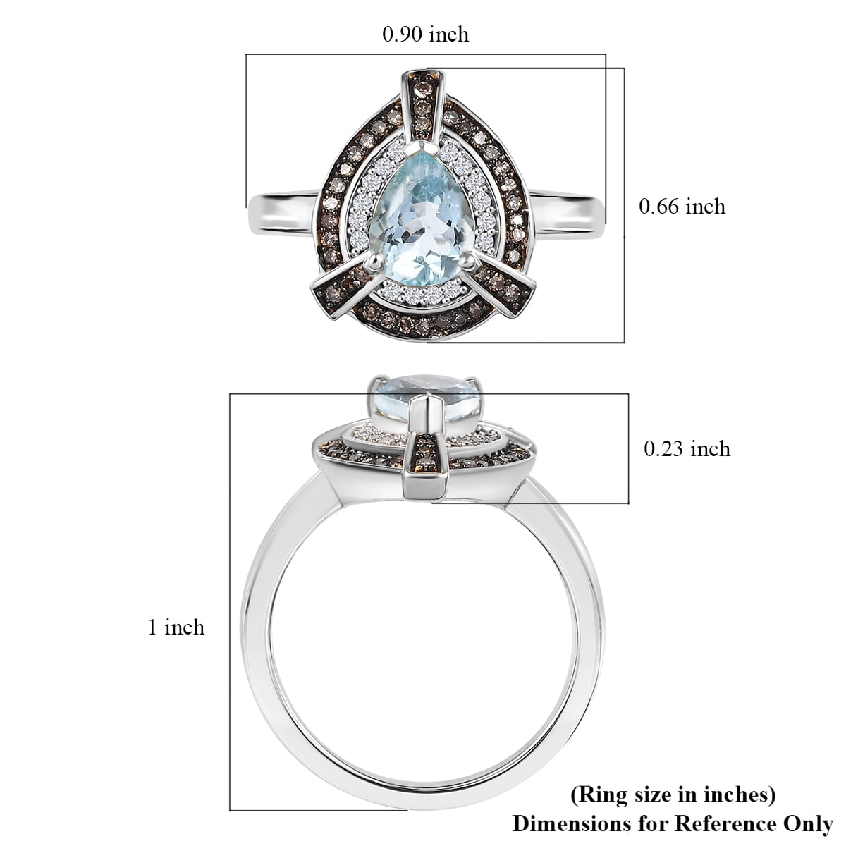 Santa Maria Aquamarine, Natural Champagne and White Diamond (0.25 cts) Ring in Rhodium Over Sterling Silver (Size 10.0) 1.15 ctw image number 5