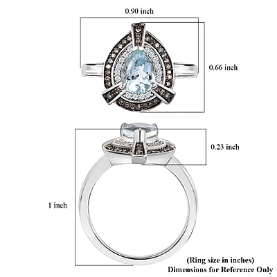 D'Joy Santa Maria Aquamarine and Natural Champagne and White Diamond 1.15 ctw Ring in Rhodium Over Sterling Silver (Size 10.0)