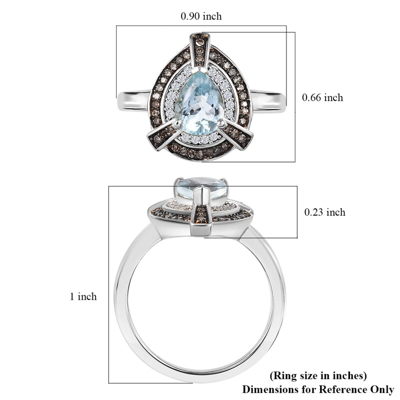 D'Joy Santa Maria Aquamarine and Natural Champagne and White Diamond 1.15 ctw Ring in Rhodium Over Sterling Silver (Size 10.0)