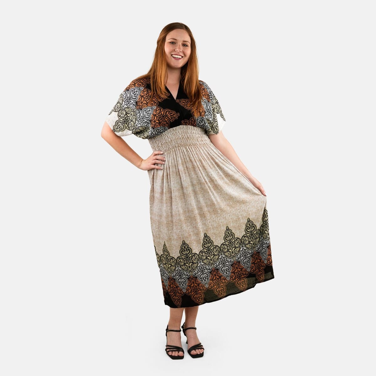 TAMSY Tan Abstract Smocked Waist Kaftan Sleeve Midaxi Dress - One Size Fits Most image number 0