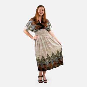 TAMSY Tan Abstract Smocked Waist Kaftan Sleeve Midaxi Dress - One Size Fits Most