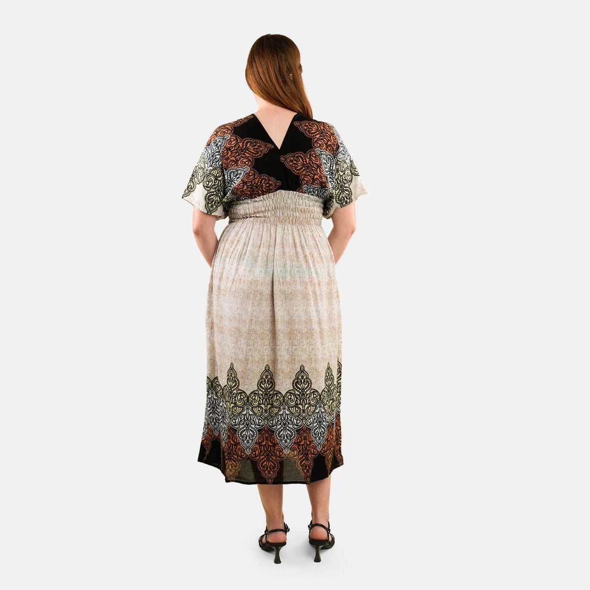 TAMSY Tan Abstract Smocked Waist Kaftan Sleeve Midaxi Dress - One Size Fits Most image number 1