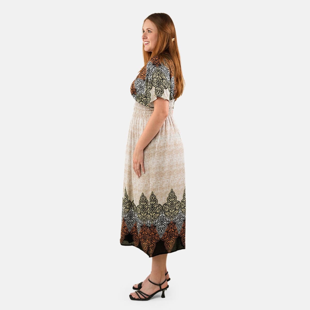 TAMSY Tan Abstract Smocked Waist Kaftan Sleeve Midaxi Dress - One Size Fits Most image number 2