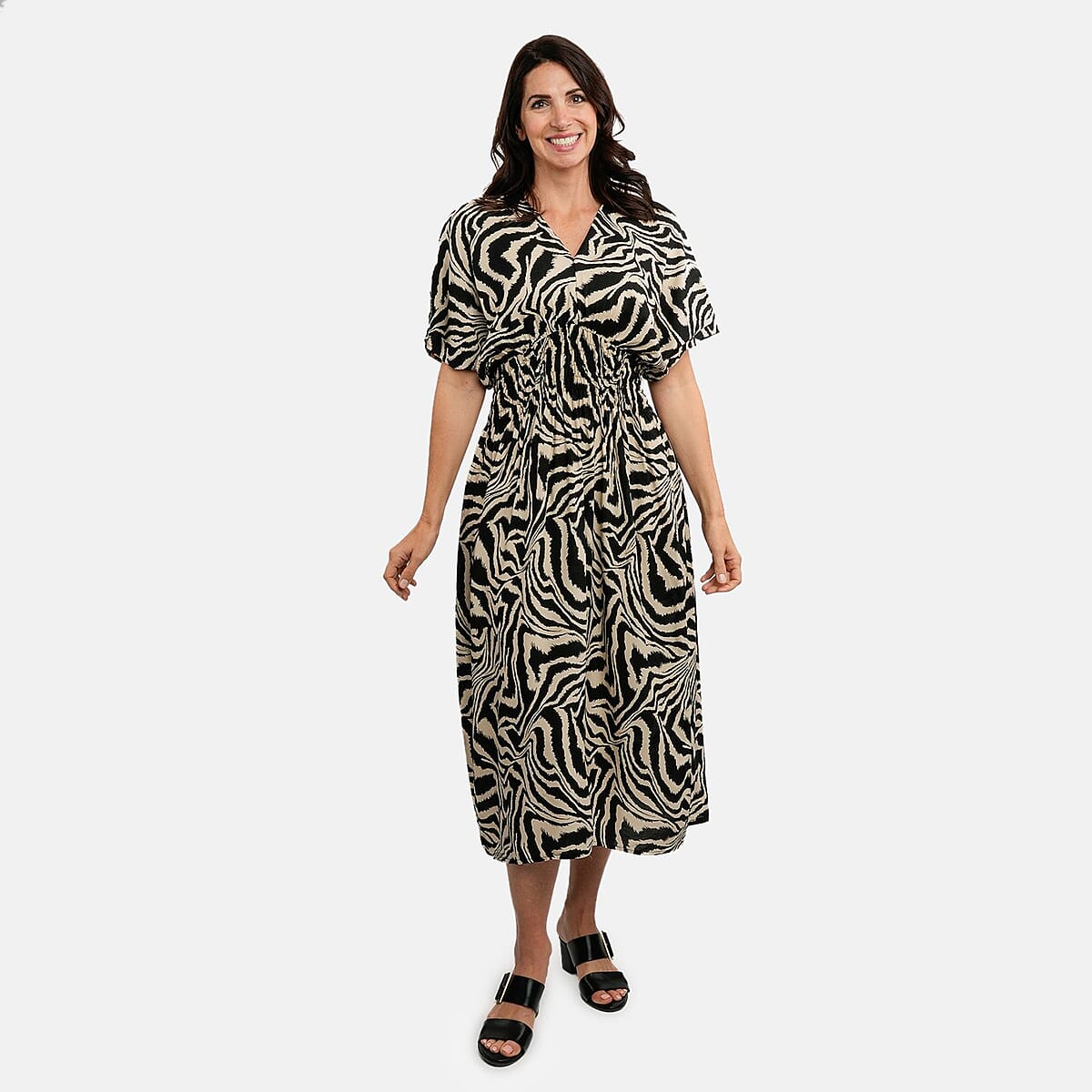 TAMSY Black Zebra Smocked Waist Kaftan Sleeve Midi Dress - One Size Fits Most image number 0