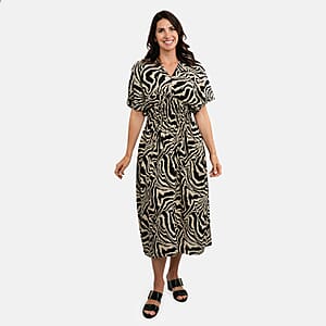 TAMSY Black Zebra Smocked Waist Kaftan Sleeve Midi Dress - One Size Fits Most