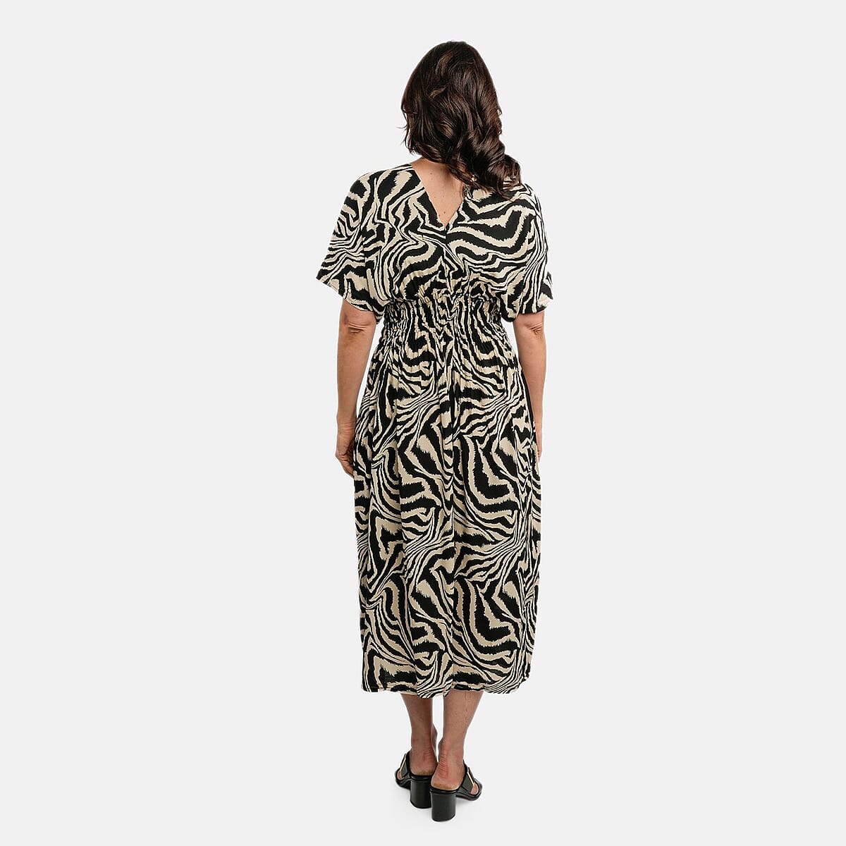 TAMSY Black Zebra Smocked Waist Kaftan Sleeve Midi Dress - One Size Fits Most image number 1