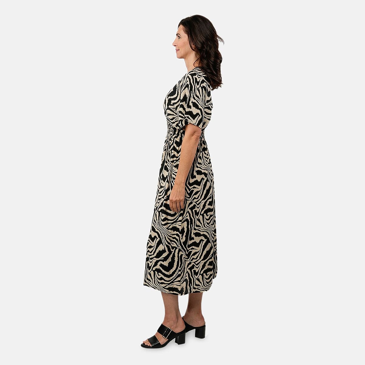 TAMSY Black Zebra Smocked Waist Kaftan Sleeve Midi Dress - One Size Fits Most image number 2
