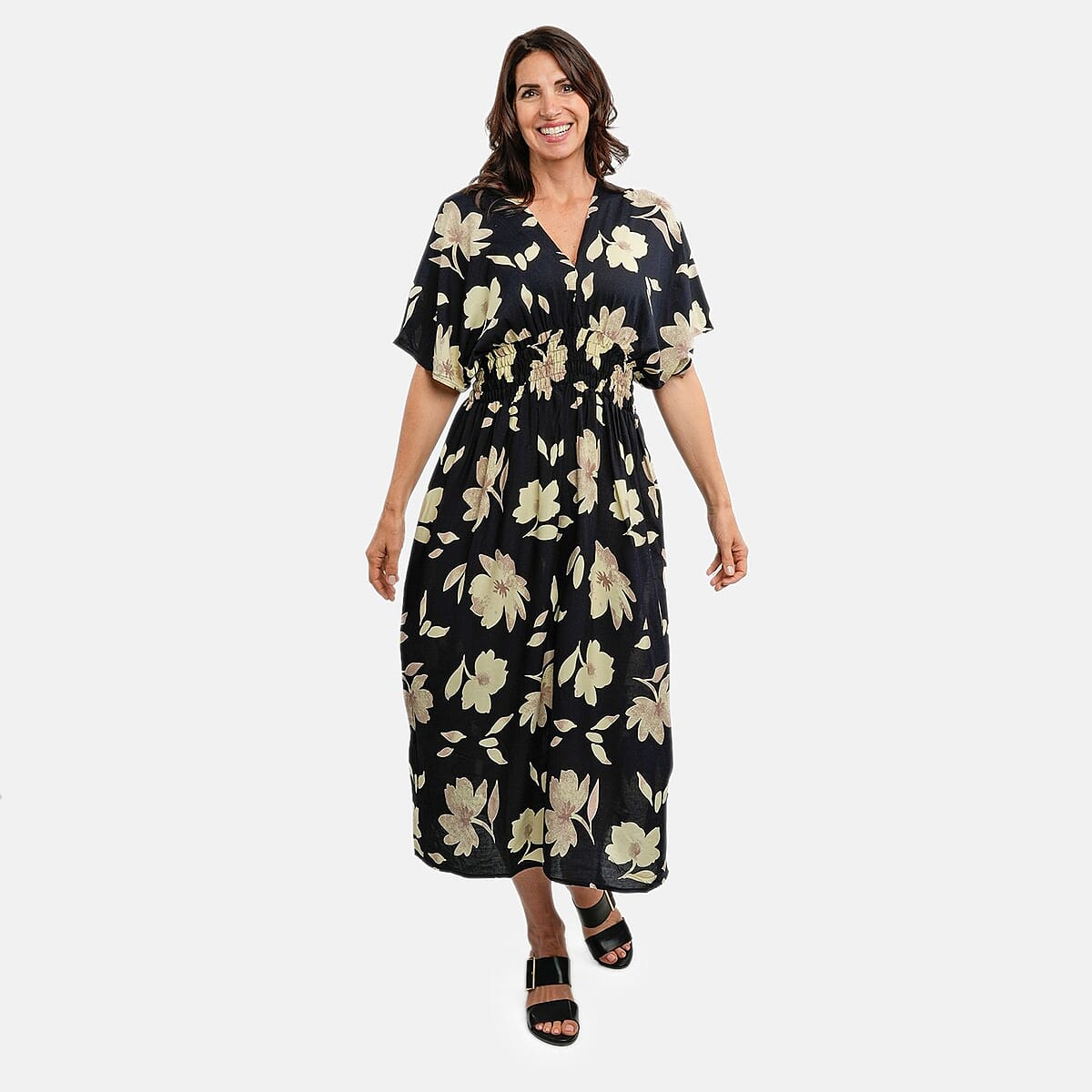 Buy TAMSY Navy Floral Smocked Waist Kaftan Sleeve Midi Dress - One Size  Fits Most at ShopLC.