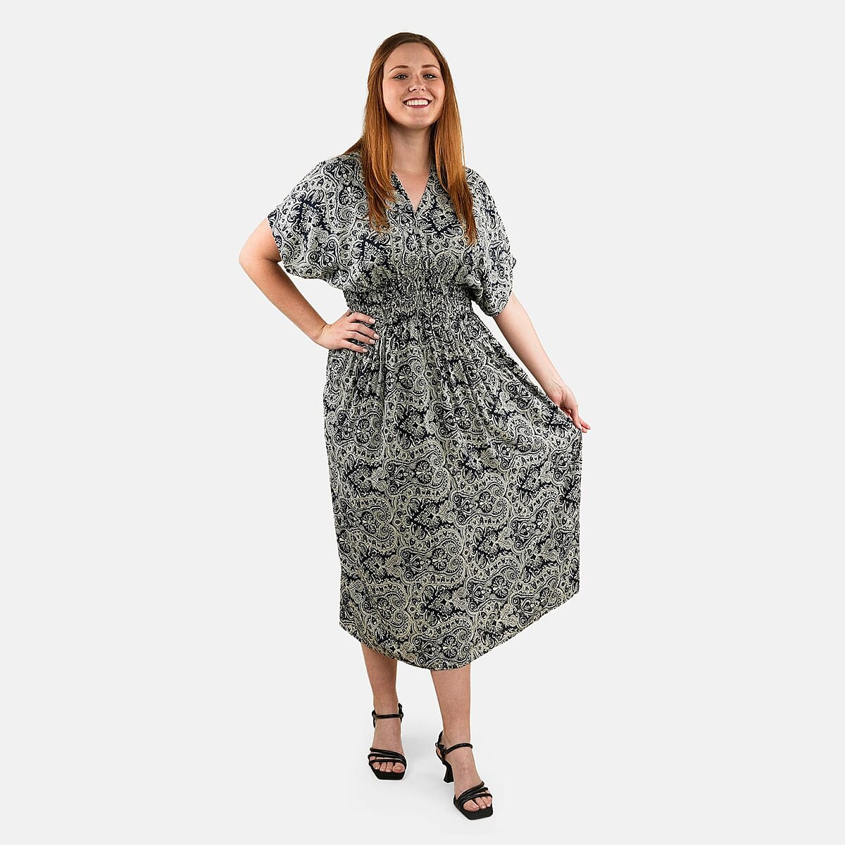 TAMSY Navy Bandana Smocked Waist Kaftan Sleeve Midi Dress - One Size Fits Most image number 0