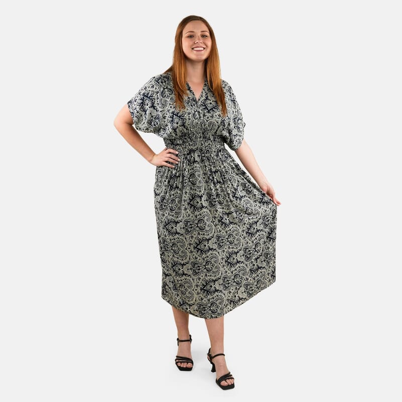 TAMSY Navy Bandana Smocked Waist Kaftan Sleeve Midi Dress - One Size Fits Most