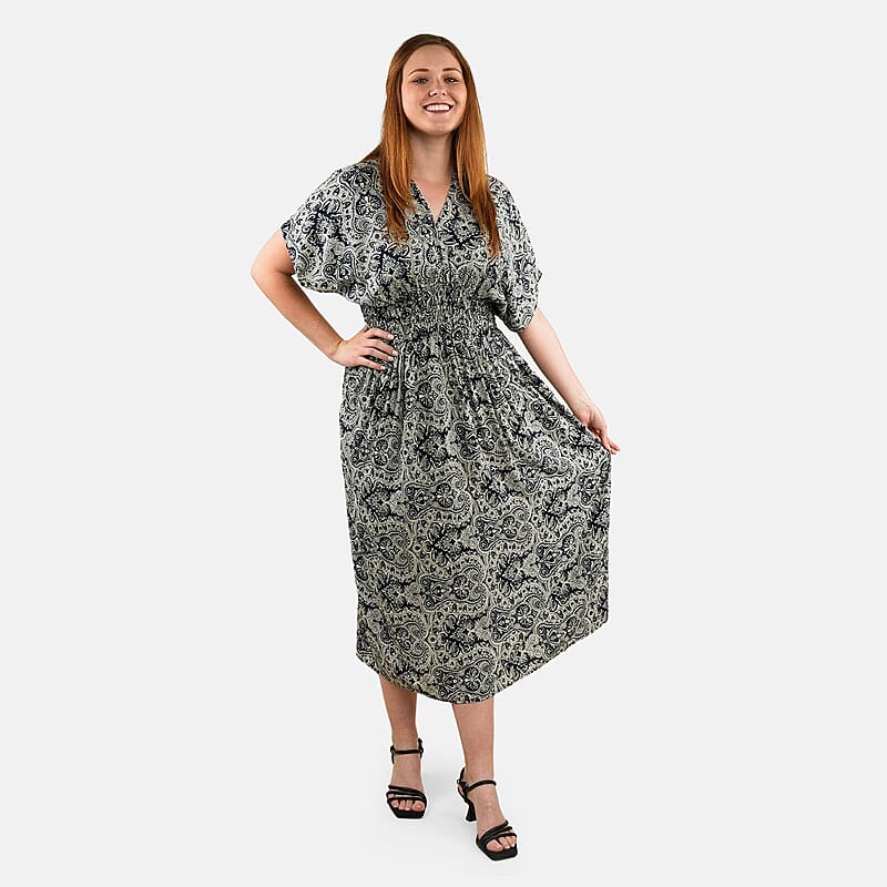 TAMSY Navy Bandana Smocked Waist Kaftan Sleeve Midi Dress - One Size Fits Most