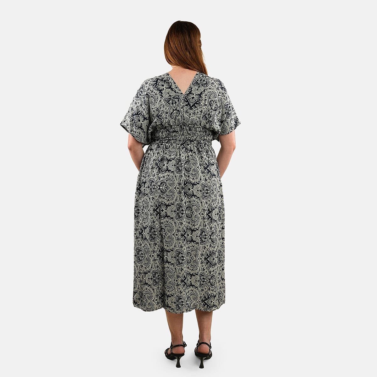 TAMSY Navy Bandana Smocked Waist Kaftan Sleeve Midi Dress - One Size Fits Most image number 1