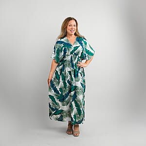 TAMSY Teal Tropical Smocked Waist Kaftan Sleeve Midi Dress - One Size Fits Most