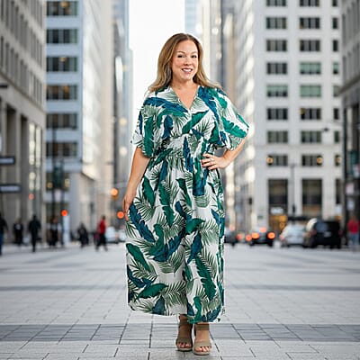 TAMSY Teal Tropical Smocked Waist Kaftan Sleeve Midi Dress - One Size Fits Most