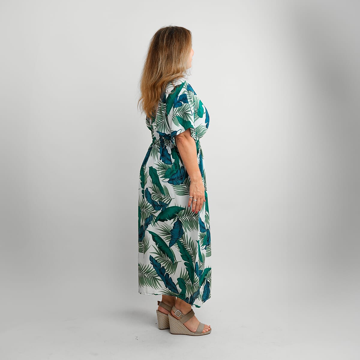 TAMSY Teal Tropical Smocked Waist Kaftan Sleeve Midi Dress - One Size Fits Most image number 2