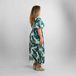 TAMSY Teal Tropical Smocked Waist Kaftan Sleeve Midi Dress - One Size Fits Most