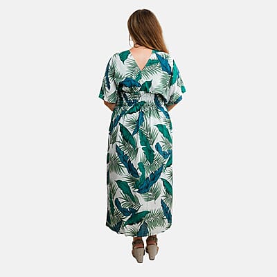 TAMSY Teal Tropical Smocked Waist Kaftan Sleeve Midi Dress - One Size Fits Most