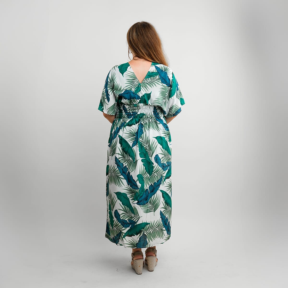 TAMSY Teal Tropical Smocked Waist Kaftan Sleeve Midi Dress - One Size Fits Most image number 3