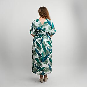TAMSY Teal Tropical Smocked Waist Kaftan Sleeve Midi Dress - One Size Fits Most