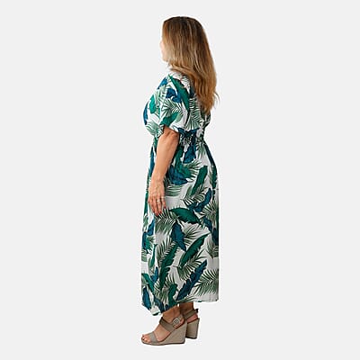 TAMSY Teal Tropical Smocked Waist Kaftan Sleeve Midi Dress - One Size Fits Most