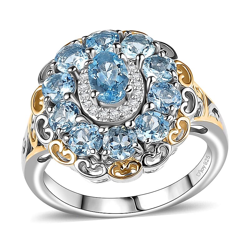 D'Joy Santa Maria Aquamarine and Moissanite 2.25 ctw Victorian Sky Ring in 18K Vermeil YG and Rhodium Over Sterling Silver (Size 10.0)