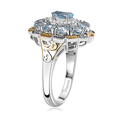 D'Joy Santa Maria Aquamarine and Moissanite 2.25 ctw Victorian Sky Ring in 18K Vermeil YG and Rhodium Over Sterling Silver (Size 10.0)