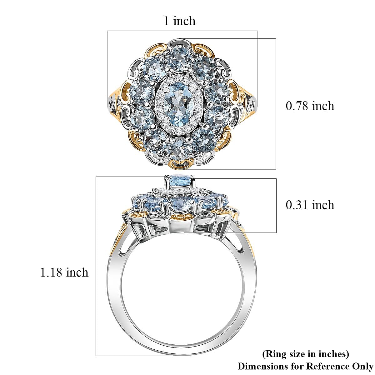 D'Joy Santa Maria Aquamarine and Moissanite 2.25 ctw Victorian Sky Ring in 18K Vermeil YG and Rhodium Over Sterling Silver (Size 10.0)