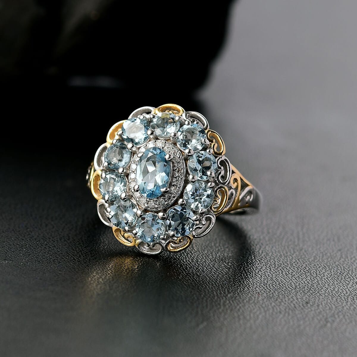 D'Joy Santa Maria Aquamarine and Moissanite 2.25 ctw Victorian Sky Ring in 18K Vermeil YG and Rhodium Over Sterling Silver (Size 5.0) image number 1