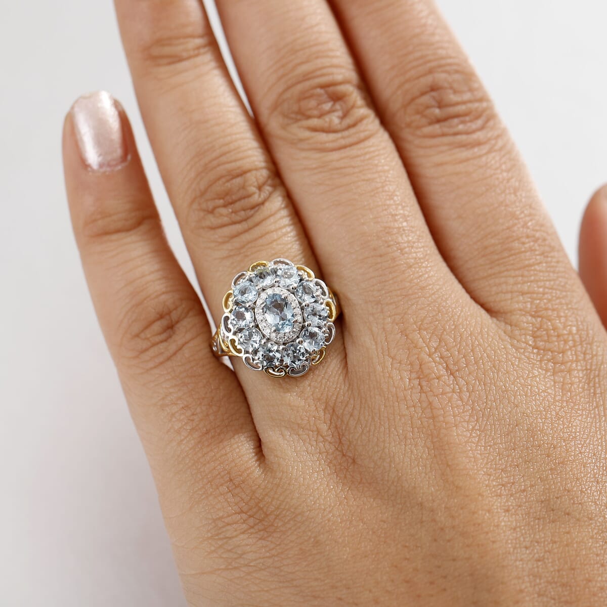 D'Joy Santa Maria Aquamarine and Moissanite 2.25 ctw Victorian Sky Ring in 18K Vermeil YG and Rhodium Over Sterling Silver (Size 5.0) image number 2