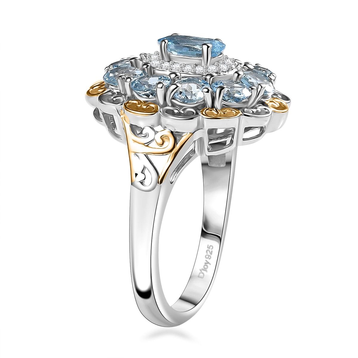 D'Joy Santa Maria Aquamarine and Moissanite 2.25 ctw Victorian Sky Ring in 18K Vermeil YG and Rhodium Over Sterling Silver (Size 5.0) image number 3