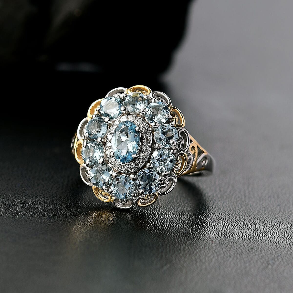 D'Joy Santa Maria Aquamarine and Moissanite 2.25 ctw Victorian Sky Ring in 18K Vermeil YG and Rhodium Over Sterling Silver (Size 6.0) image number 1