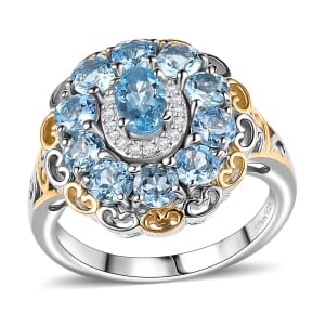Santa Maria Aquamarine and Moissanite 2.25 ctw Victorian Sky Ring in 18K Vermeil YG and Rhodium Over Sterling Silver (Size 7.0)