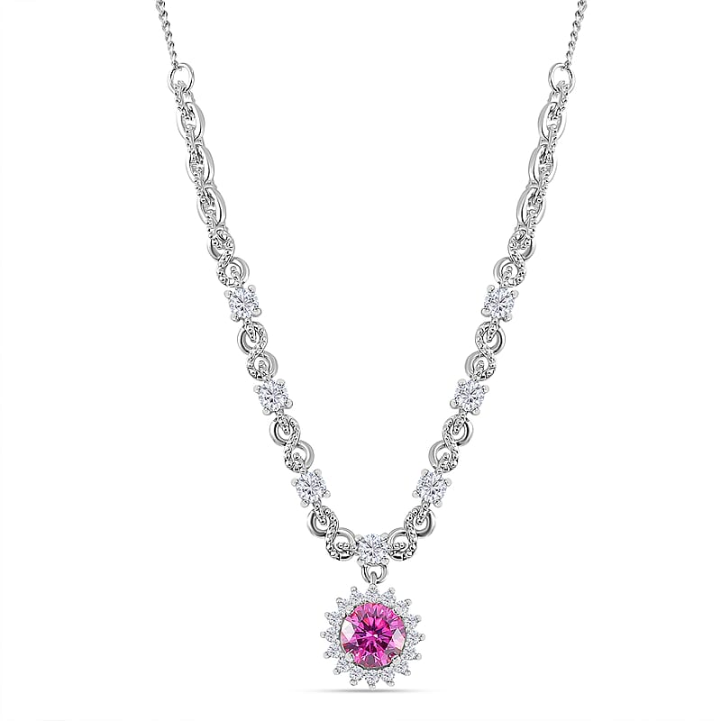 Pink Lotus Coated Moissanite and Moissanite 1.90 ctw Necklace 18 Inches in Rhodium Over Sterling Silver
