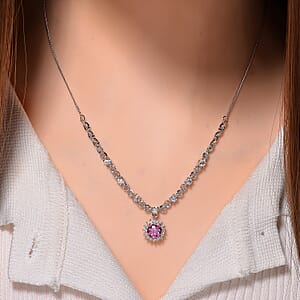 Pink Lotus Coated Moissanite and Moissanite 1.90 ctw Necklace 18 Inches in Rhodium Over Sterling Silver