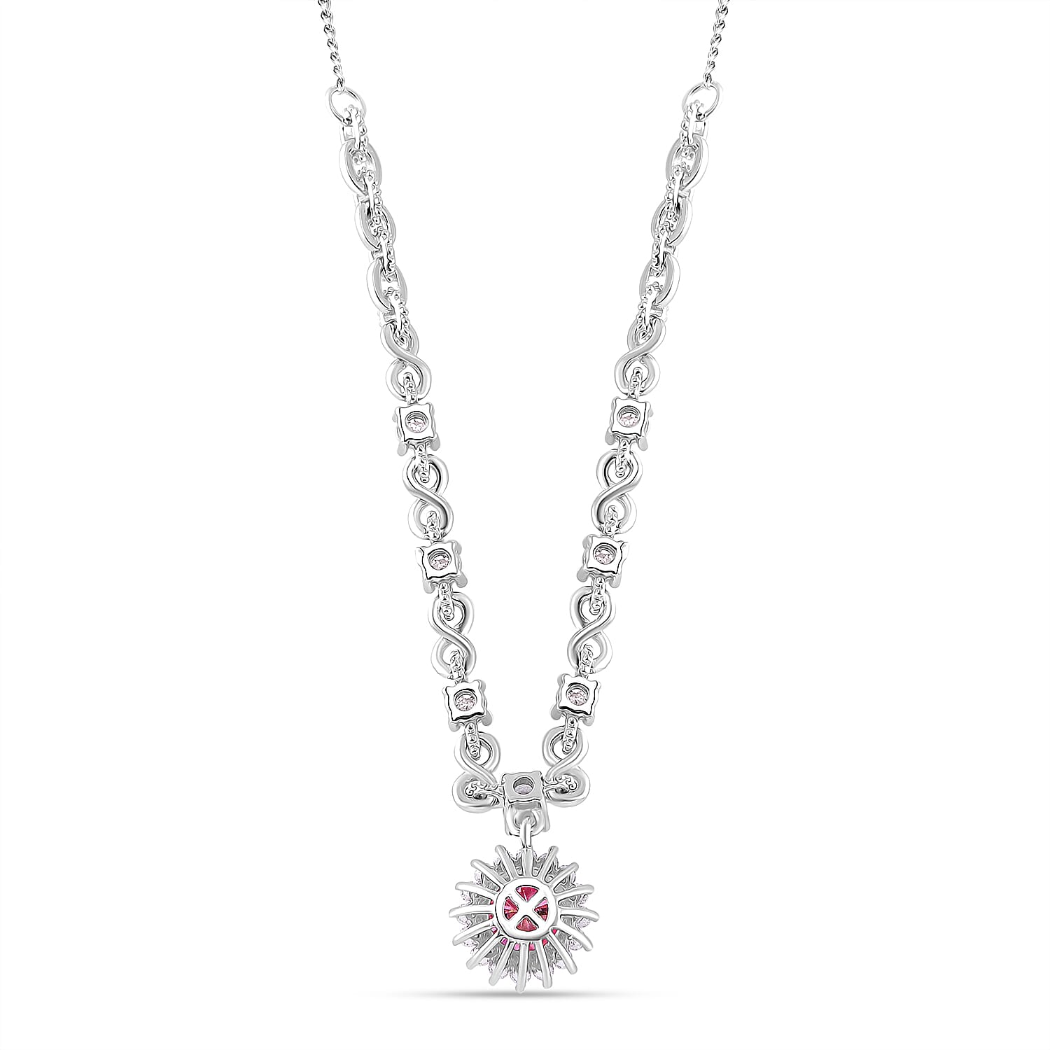 Pink Lotus Coated Moissanite and Moissanite 1.90 ctw Necklace 18 Inches in Rhodium Over Sterling Silver