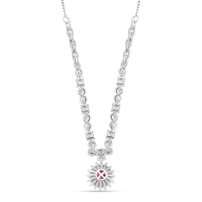 Pink Lotus Coated Moissanite and Moissanite 1.90 ctw Necklace 18 Inches in Rhodium Over Sterling Silver