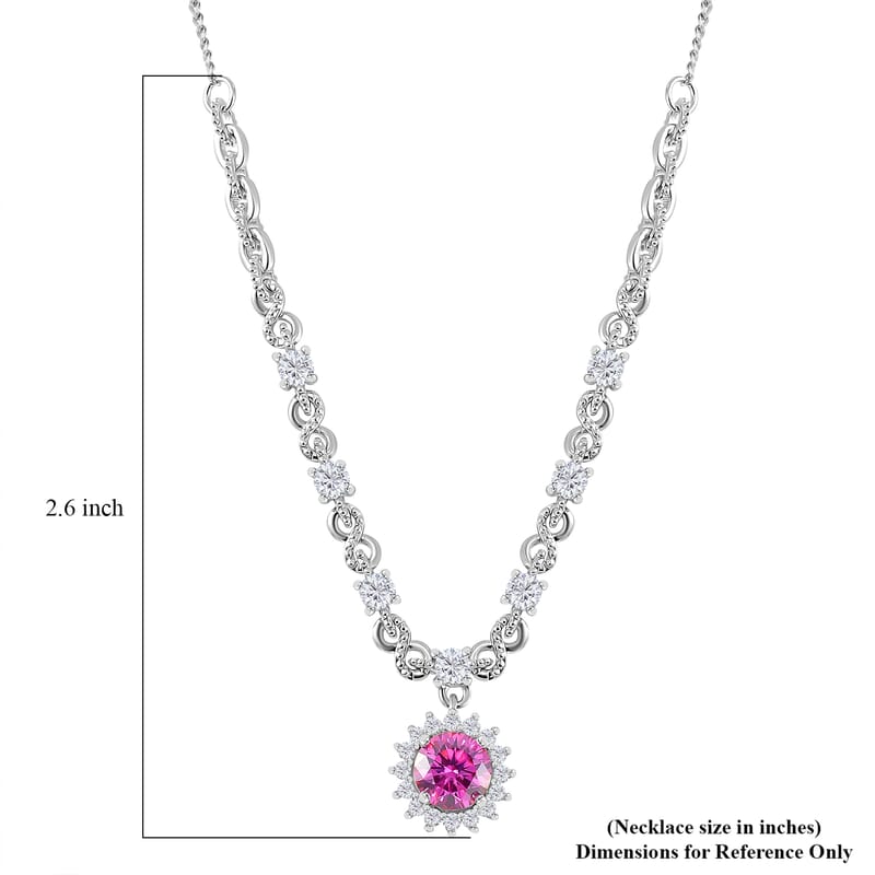 Pink Lotus Coated Moissanite and Moissanite 1.90 ctw Necklace 18 Inches in Rhodium Over Sterling Silver