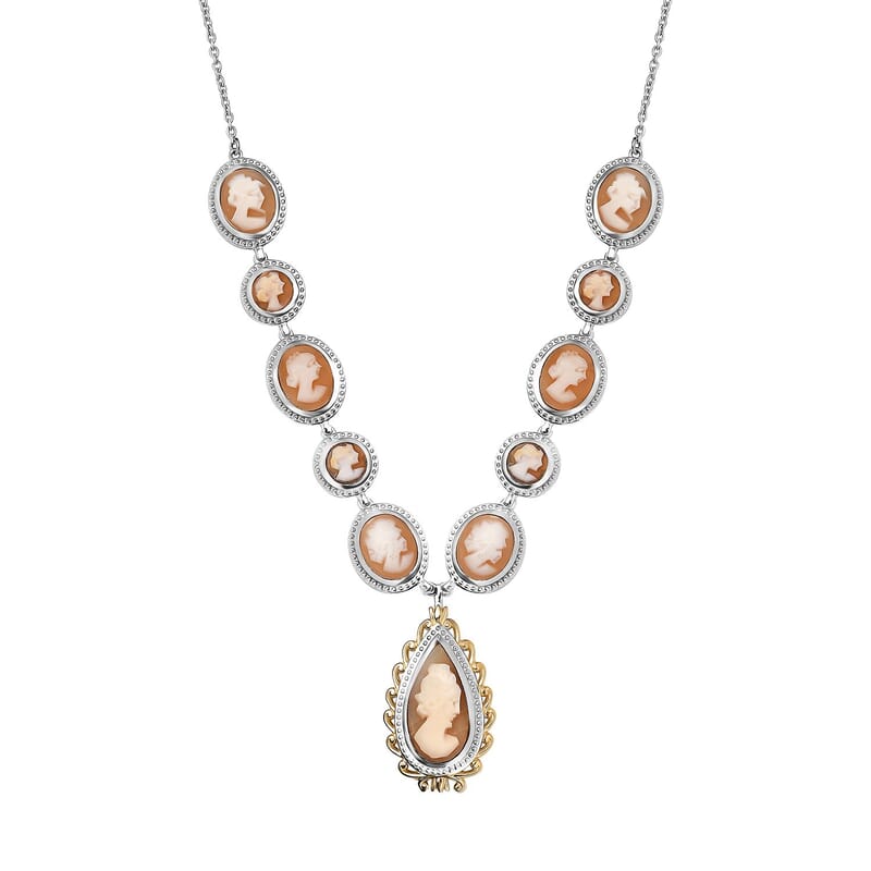 D'Joy Natural Italian Conch Cameo 12.65 ctw Victorian Elegance Necklace in 18K Vermeil YG and Rhodium Over Sterling Silver 18 Inches