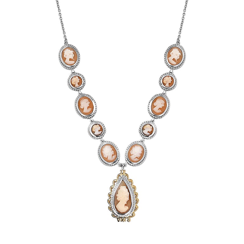 D'Joy Natural Italian Conch Cameo 12.65 ctw Victorian Elegance Necklace in 18K Vermeil YG and Rhodium Over Sterling Silver 18 Inches