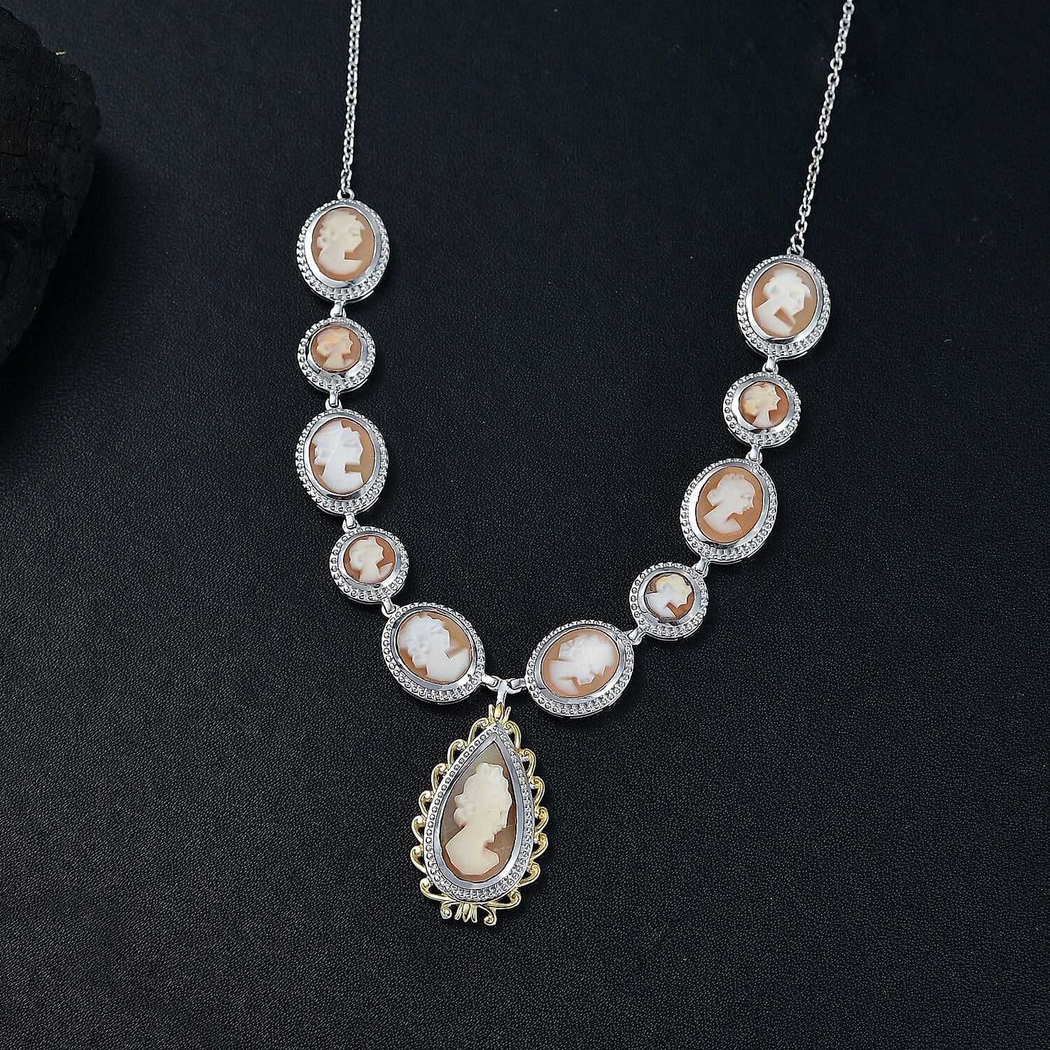 D'Joy Natural Italian Conch Cameo 12.65 ctw Victorian Elegance Necklace in 18K Vermeil YG and Rhodium Over Sterling Silver 18 Inches