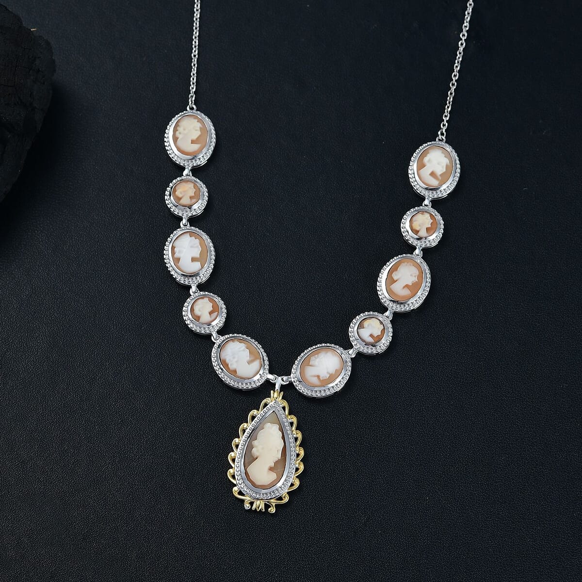 D'Joy Natural Italian Conch Cameo 12.65 ctw Victorian Elegance Necklace in 18K Vermeil YG and Rhodium Over Sterling Silver 18 Inches image number 1