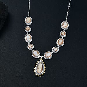 D'Joy Natural Italian Conch Cameo 12.65 ctw Victorian Elegance Necklace in 18K Vermeil YG and Rhodium Over Sterling Silver 18 Inches