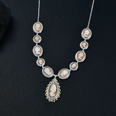 D'Joy Natural Italian Conch Cameo 12.65 ctw Victorian Elegance Necklace in 18K Vermeil YG and Rhodium Over Sterling Silver 18 Inches