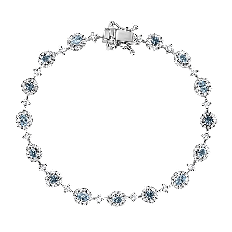 D'Joy Santa Maria Aquamarine and Moissanite 5.10 ctw Ocean Whisper Bracelet in Rhodium Over Sterling Silver (7.25 In)