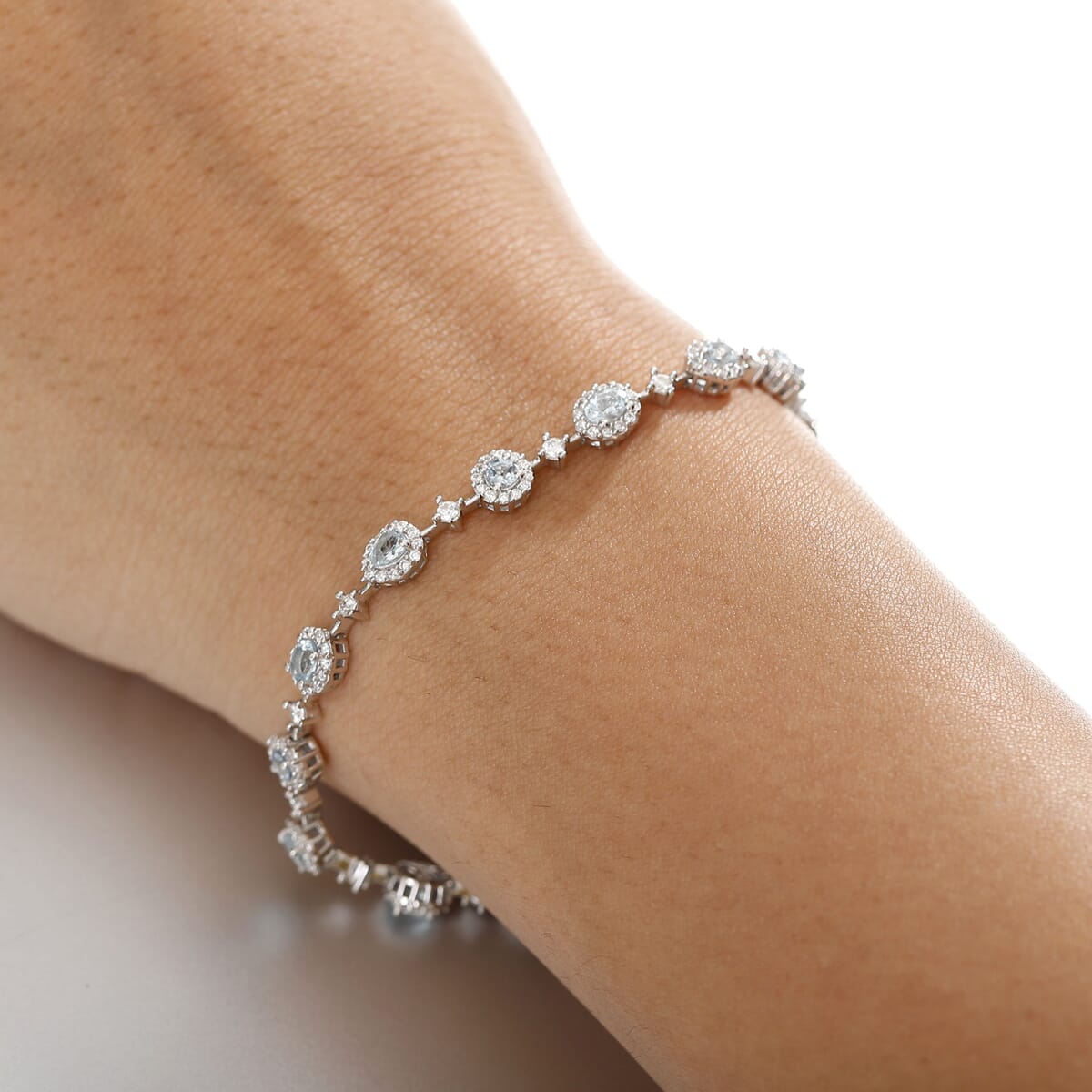 D'Joy Santa Maria Aquamarine and Moissanite 5.10 ctw Ocean Whisper Bracelet in Rhodium Over Sterling Silver (7.25 In) image number 2