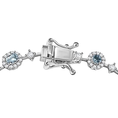 D'Joy Santa Maria Aquamarine and Moissanite 5.10 ctw Ocean Whisper Bracelet in Rhodium Over Sterling Silver (7.25 In)