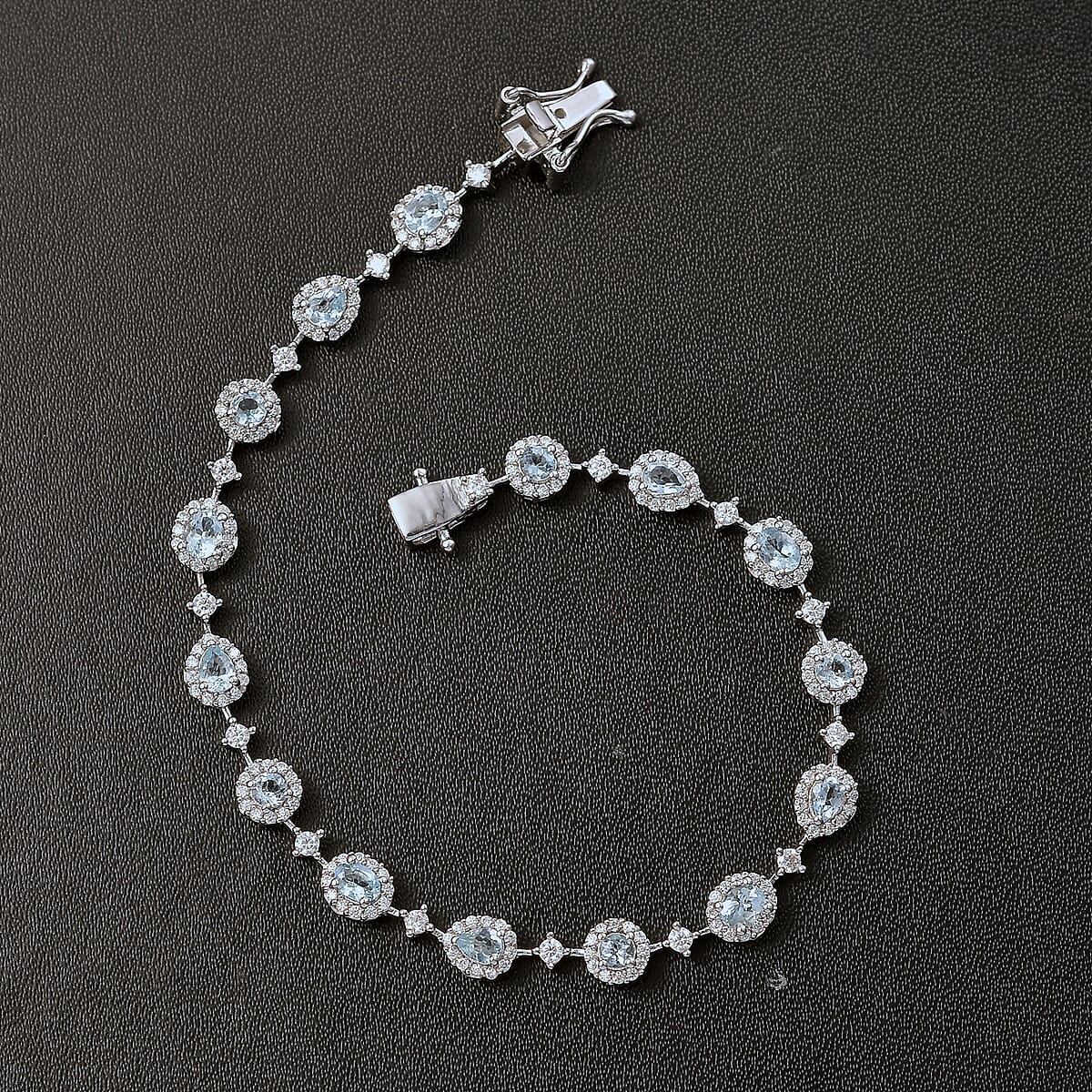 D'Joy Santa Maria Aquamarine and Moissanite 4.00 ctw Ocean Whisper Bracelet in Rhodium Over Sterling Silver (6.50 In) image number 1