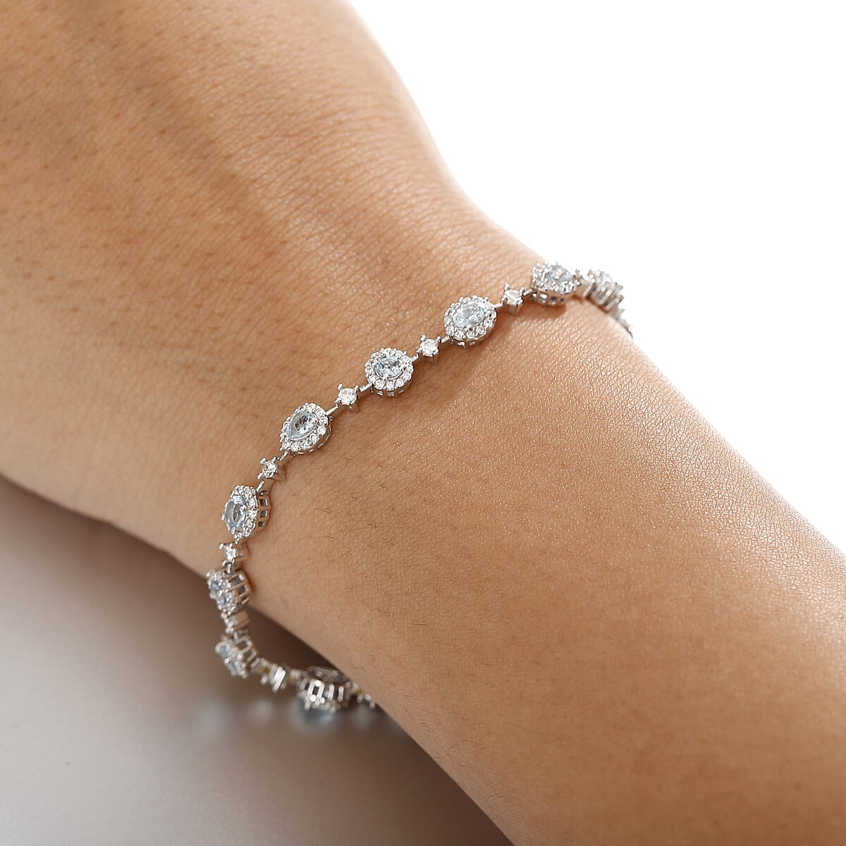 D'Joy Santa Maria Aquamarine and Moissanite 5.35 ctw Ocean Whisper Bracelet in Rhodium Over Sterling Silver (8.00 In) image number 2