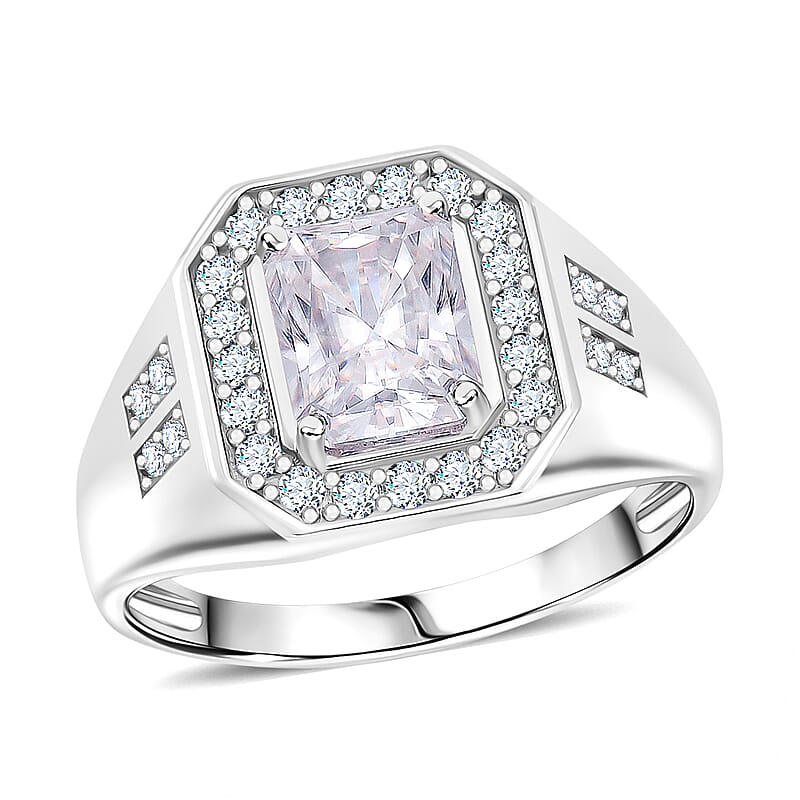 Radiant Cut Moissanite 3.00 ctw Men's Ring in Rhodium Over Sterling Silver (Size 10.0)