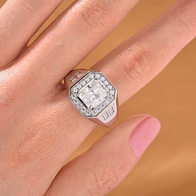 Radiant Cut Moissanite 3.00 ctw Men's Ring in Rhodium Over Sterling Silver (Size 10.0)